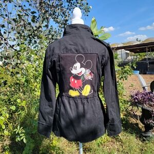 Upcycled Black Jacket Mickey Mouse Flowers Disney Medium